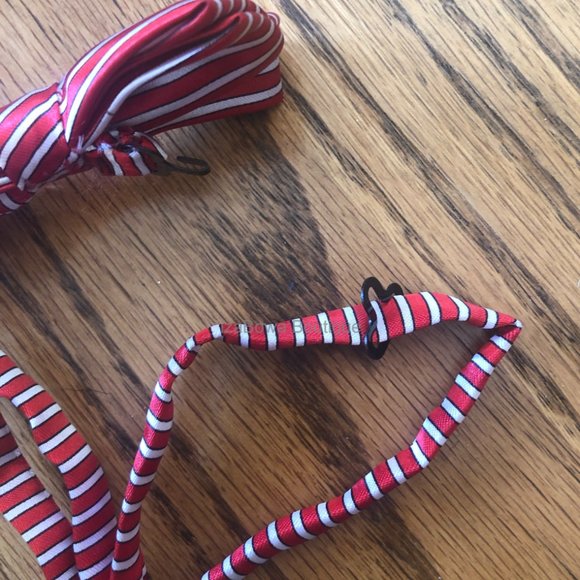 Red & White Satin Stripe Bow Tie - Picture 2 of 2